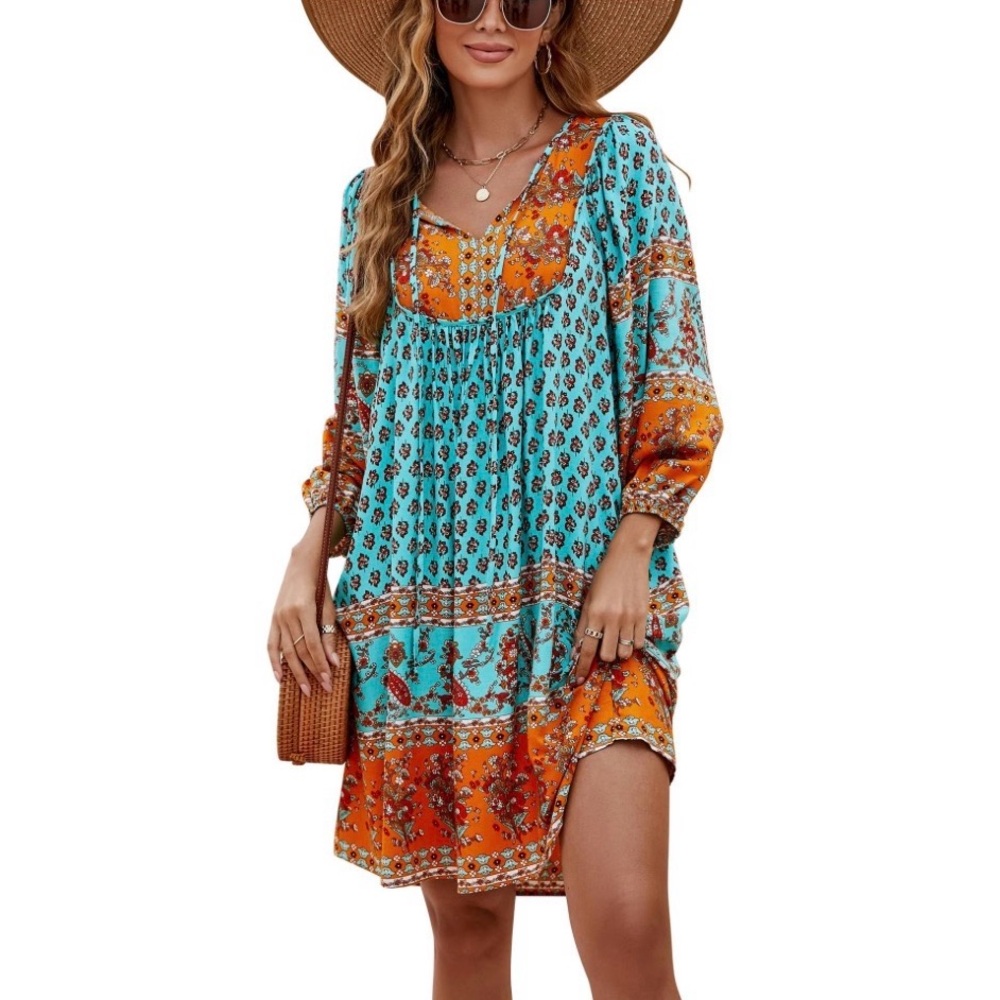 Bluetime Bohemian Floral in Blue and Orange Beach Babydoll Dress - 2XL
